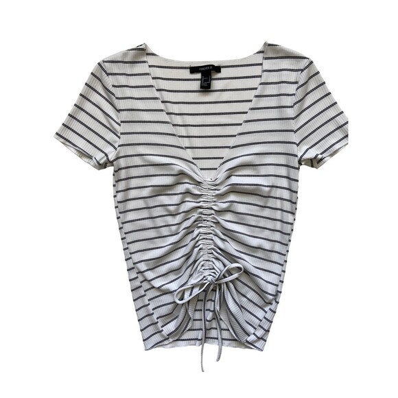 FOREVER 21 Tops - Y2K Ruched Front Top Women Size S Striped Ribbed Exposed Belly Crop Baby Tee 00s